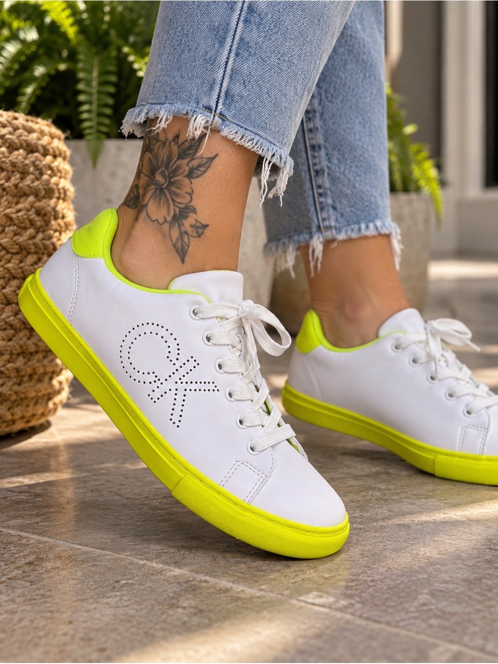 Calvin Klein Women’s White & Neon Yellow Lace-Up Sneakers Size 7.5